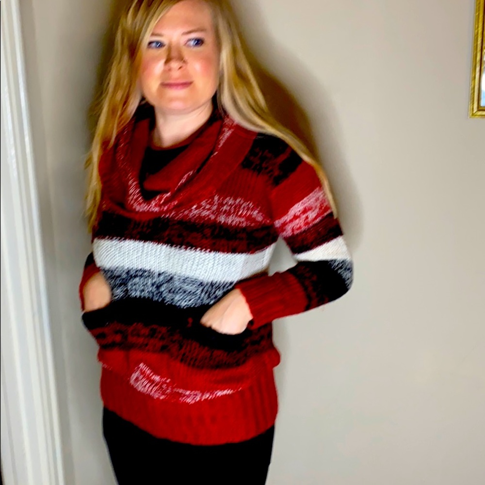 Red Black and White Cowlneck Marled Knit Sweater